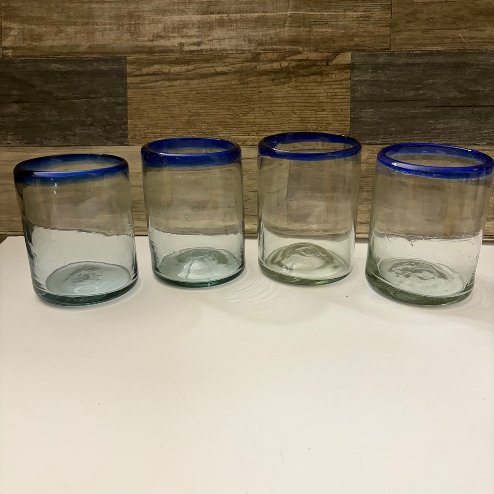 Mexican Hand Blown Glass Cobalt Blue Rim Rocks Tumblers Set of 4